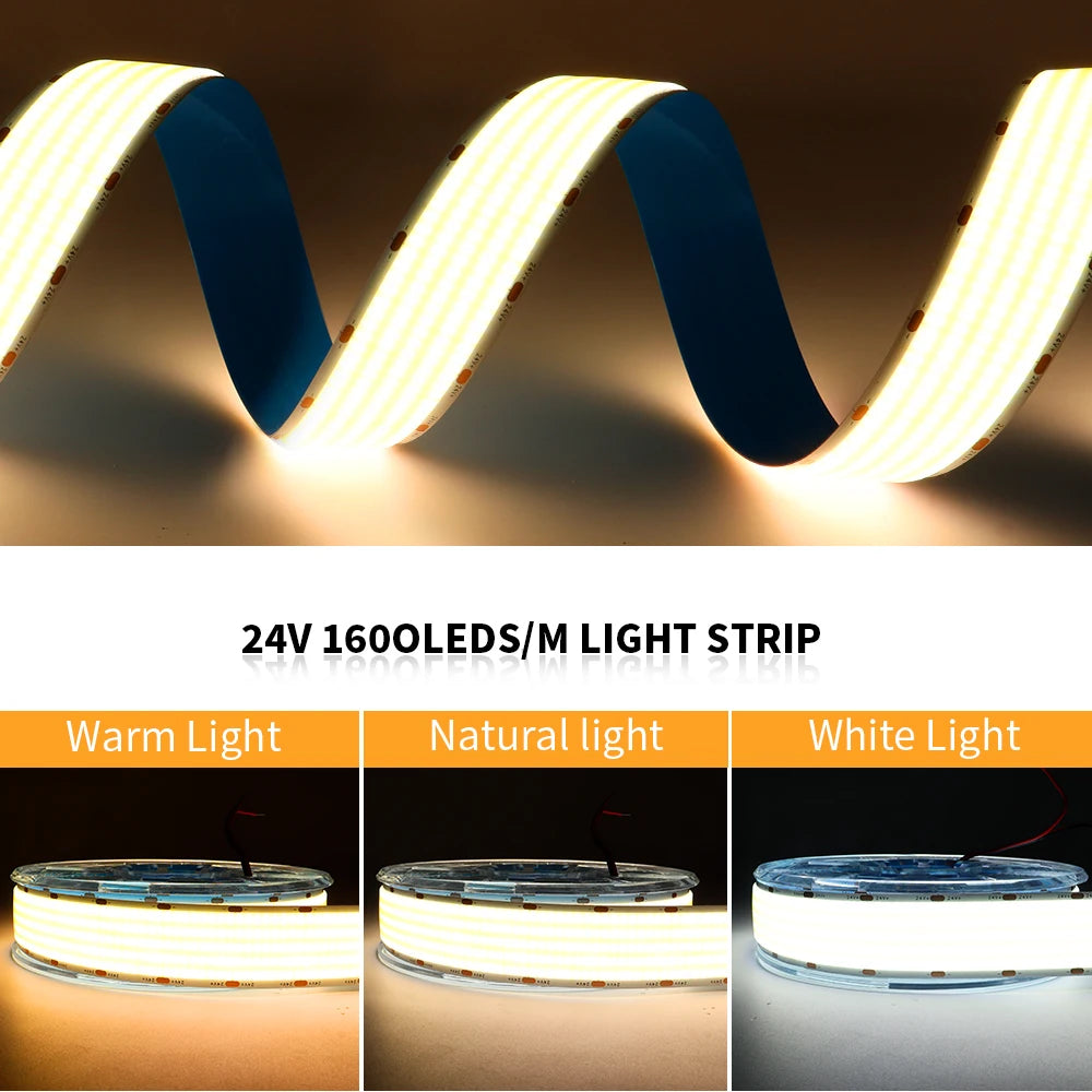 Ultra Bright COB LED Strip 1600LEDs/m 3000K 4000K 6500K High Density Flexible Dimmable Led Light 4300 lumen/m 30mm PCB DC24V 1-5