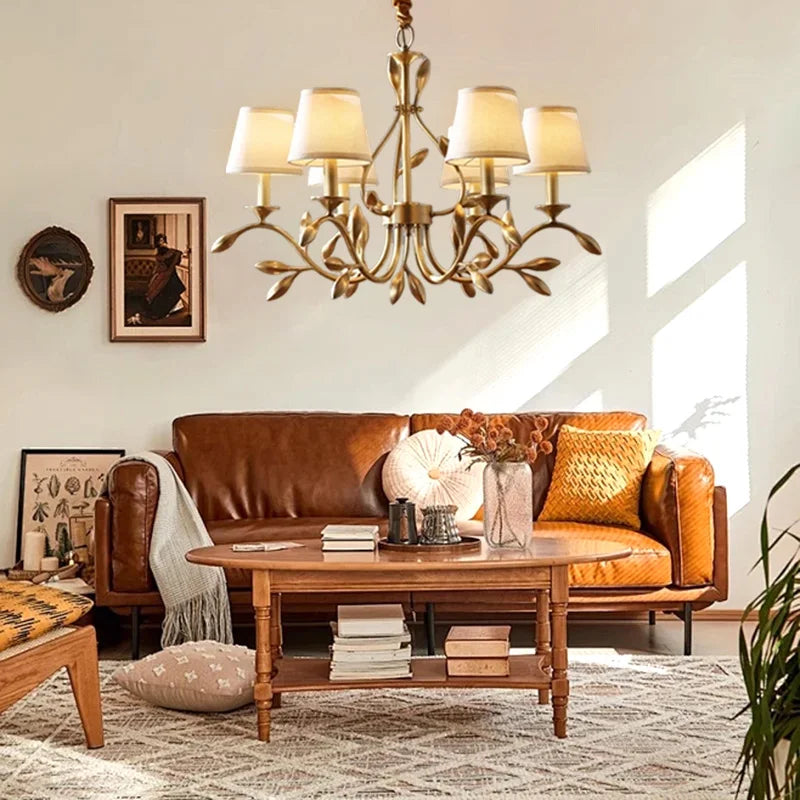 American Retro Luxury Gold Copper Chandeliers Living Dining Bedroom Pendant Lights Fabric Shades Flower Deco Led Lighting Lamps