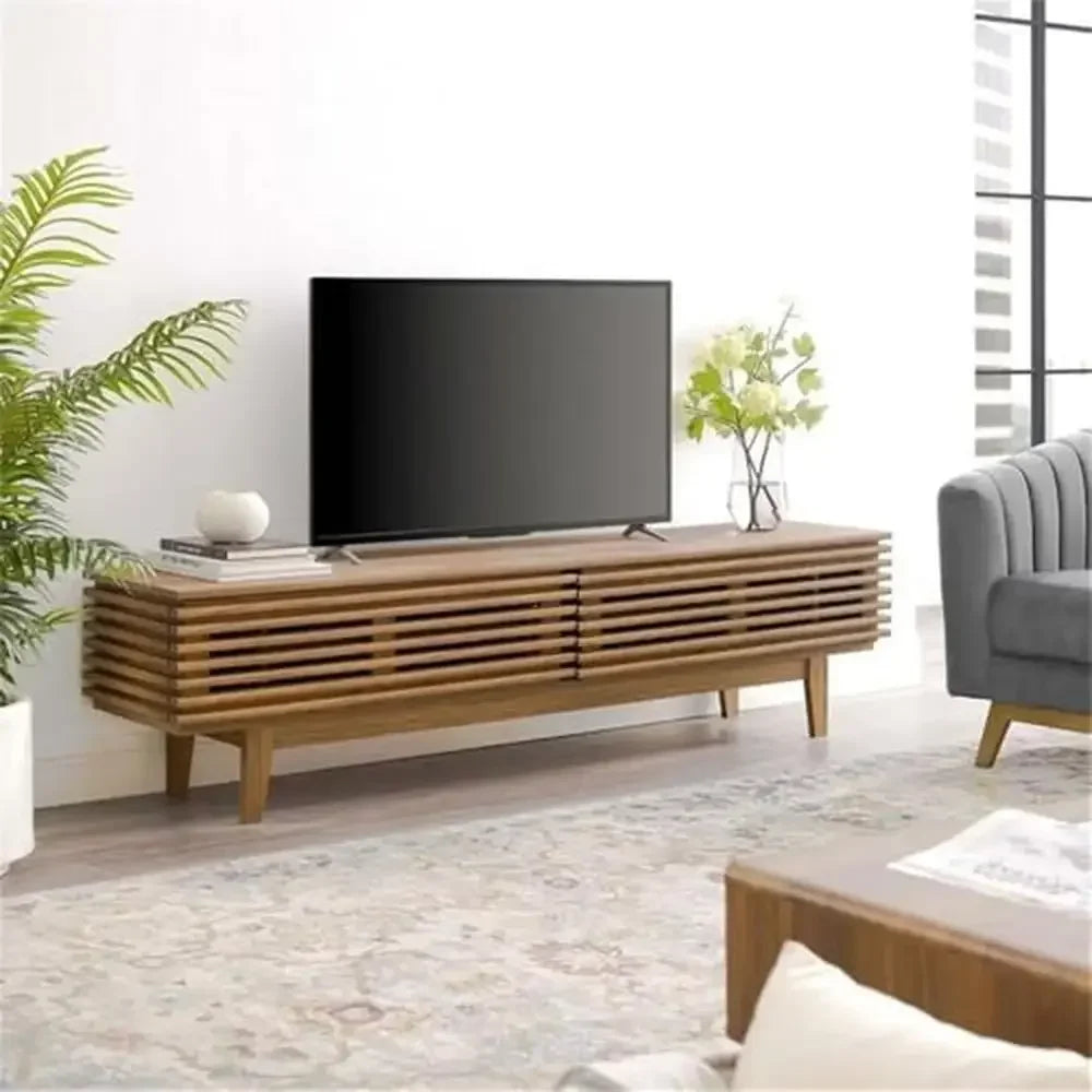 71" Mid-Century Modern TV Stand Walnut Storage Console Metal Legs Shelf