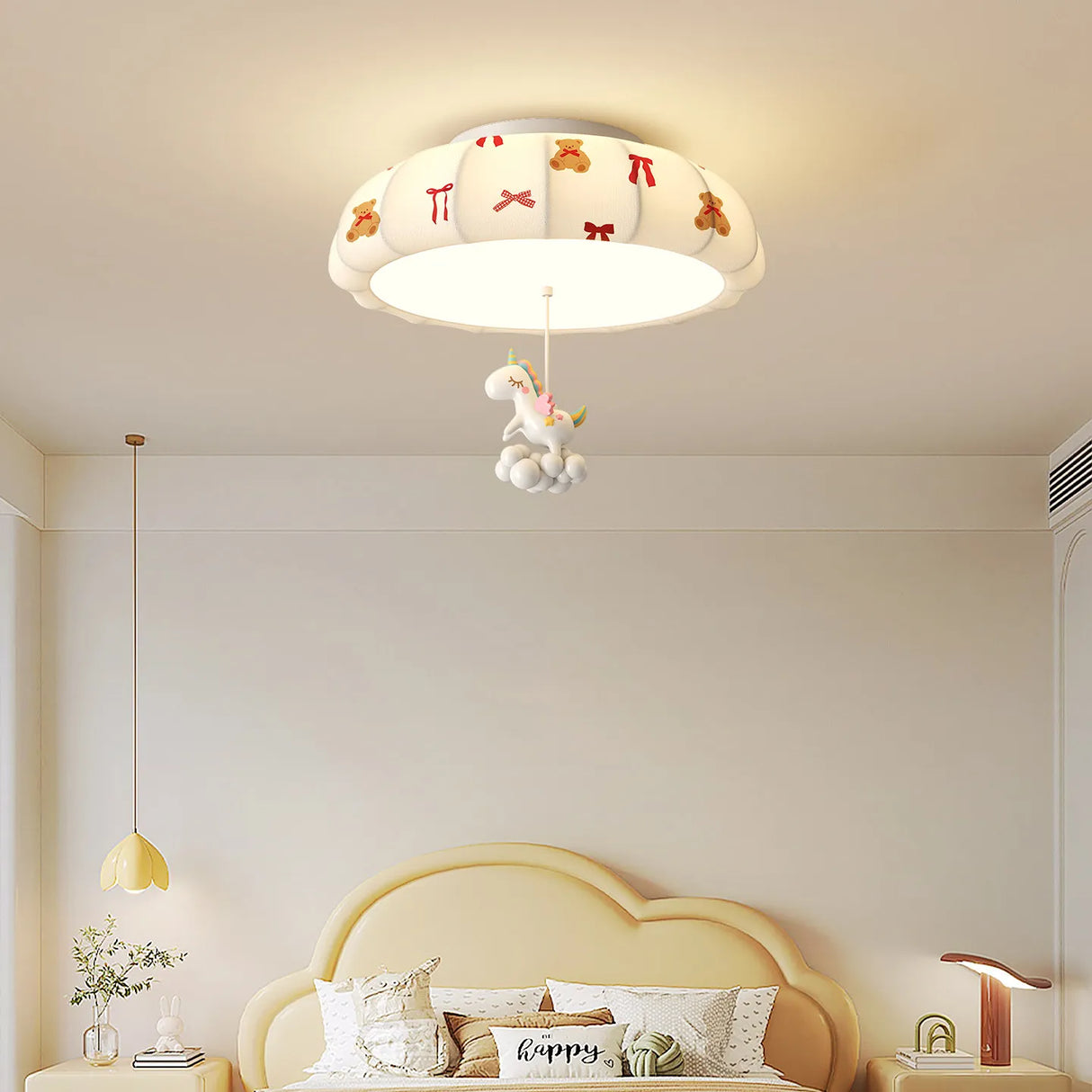 Cartoon Bear Horse Rabbit Ceiling Lamps for Children's Room Bedroom Nursery School Boy Girl Pink Blue Fabric Chandelier Light