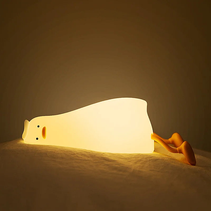 Silicone Lying Flat Duck Night Light Cute Yellow Duck 3-Level Light Up Bedside Desk Touch Night Lamp Kids Room Kawaii Decoration