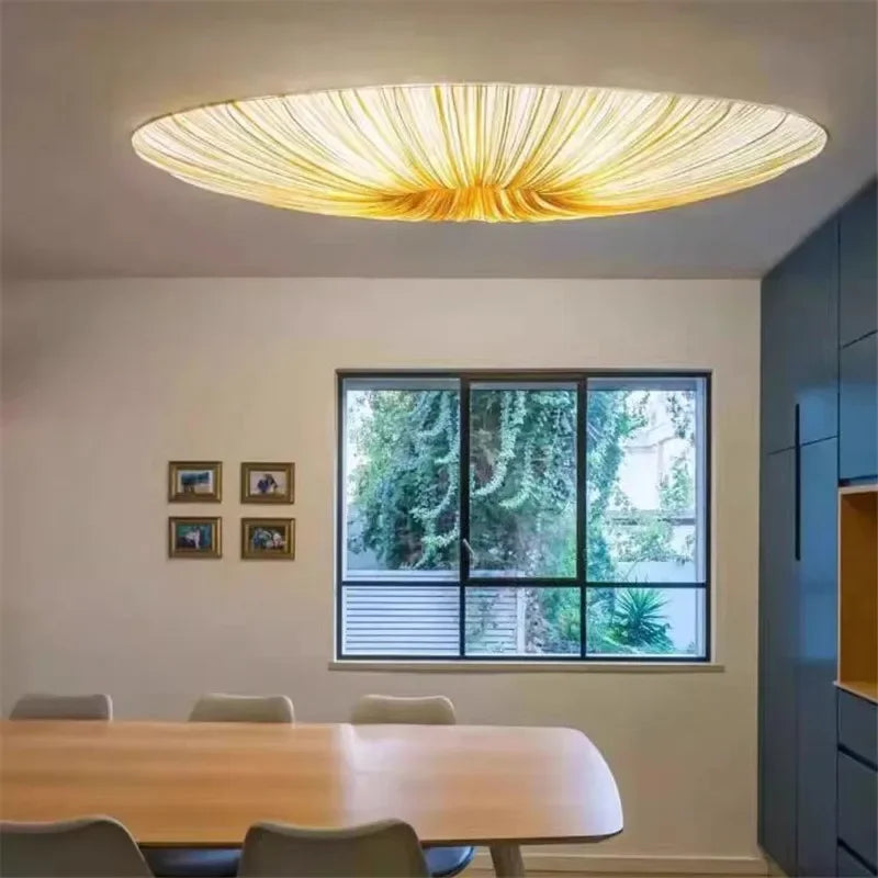 Wabi Sabi Led Fabric Ceiling Light Round Whtie Flying Saucer Chandelierfor Living Room Bedroom Restaurant Fabric Pendant Lamp
