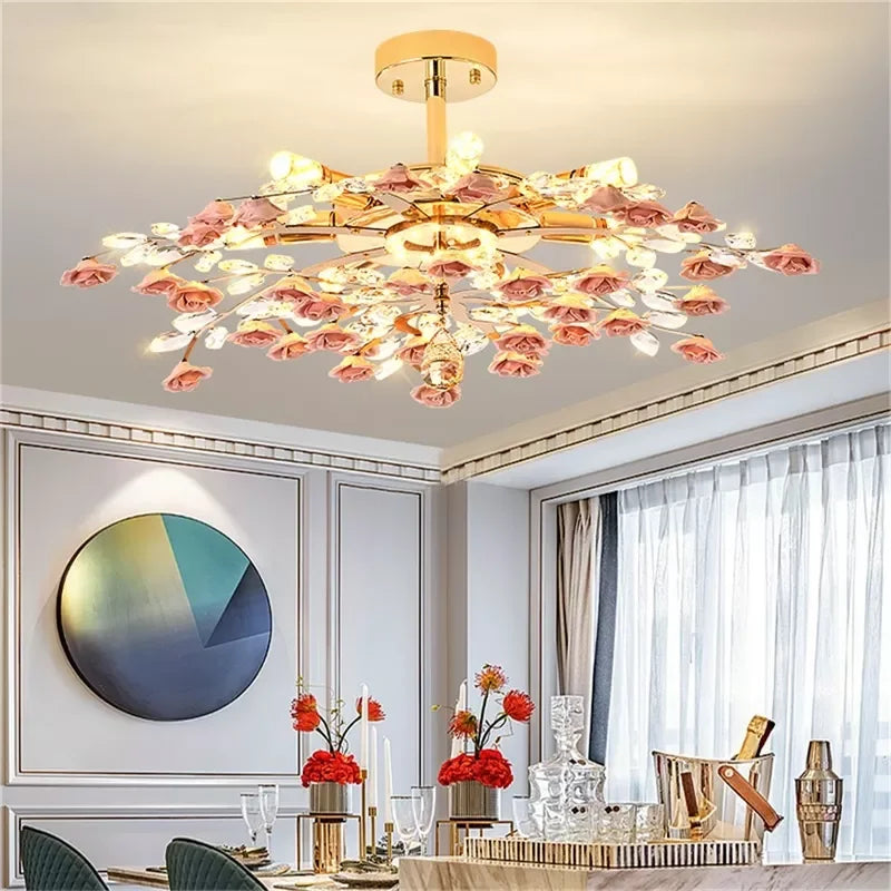Flower Chandelier Lights Modern Ceramics Pink Flowers LED for Home Decor Dining Room Living Room Bedroom Ceiling Lamps