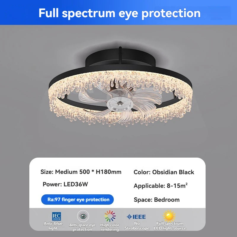 Modern Black Ceiling Fan with LED Light - Round Electric Ceiling Fan Lamp Fixture for Living Room, Bedroom & Dining Room