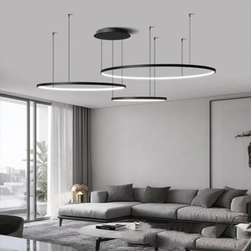 Modern Annular LED Pendant Lights for Living Dining Room Food Tables Kitchen Hall Black Chandelier Home Decor Light Fixture