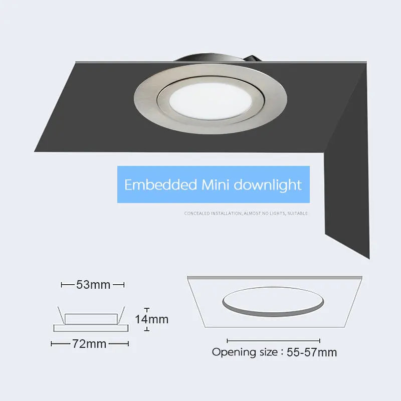 3W 5W 7W DC12V 14mm Slim LED Ceiling Downlight Nickel Color Mini Recessed Lighting 2inch Hole Cut Embedded Lamp Display lights