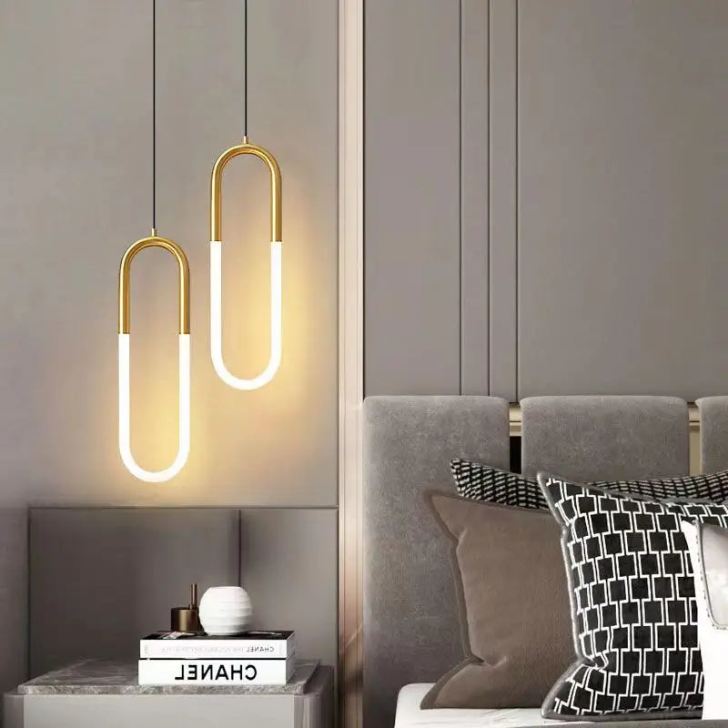 Brass U-Shaped Tube LED Pendant Light - Modern Long-Line Bedside Hanging Lamp