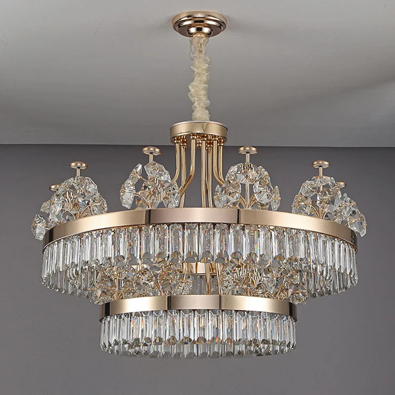 Building Home Atmosphere Living Room Postmodern Light Luxury Double-Layer Crystal Chandelier Villa Building Duplex Pendant Light