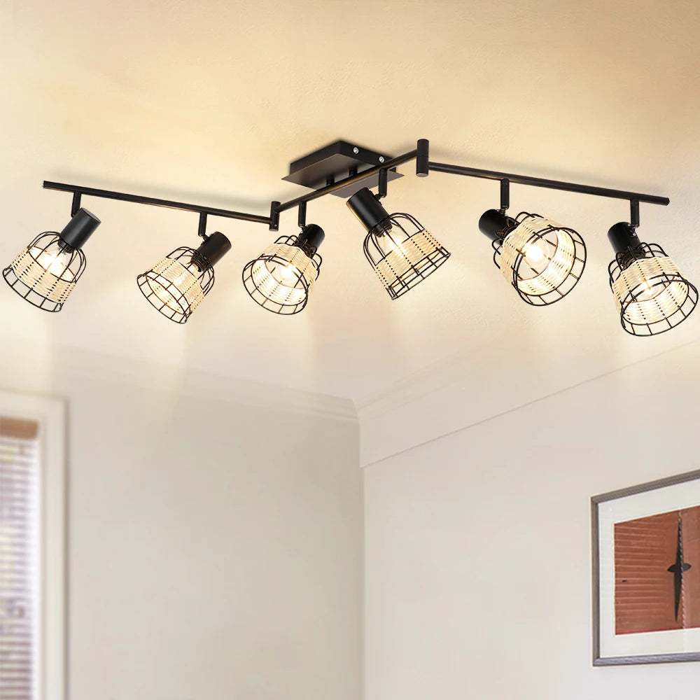 Vintage Track LED 2/3/4/6 Light Ceiling Spotlight Rustic Metal and Rattan Light Industrial Track Lamp for Foyer E12