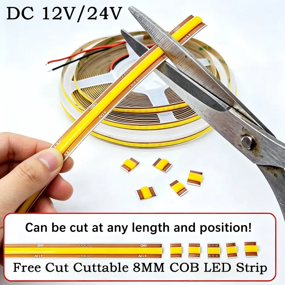 DC 12V/24V High-Density 8mm COB LED Strip Light (400/528 LEDs/m, Cuttable) - Flexible Seamless Tape Light for Indoor Home Decor (0.5m–10m)