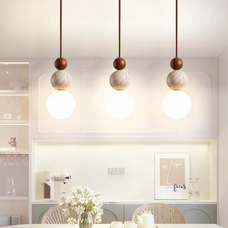 Luma Cream Style Yellow Travertine Pendant Lights, Nature Stone Wood Hanging Lamps for Bedroom Bedside Restaurant Kitchen Island