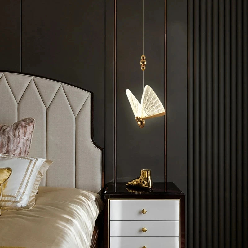 Luxury Home Decor Butterfly Chandelier Nordic LED Bedroom Single Pendant Light Modern Iron Body Acrylic Lampshade Hanging Lustre