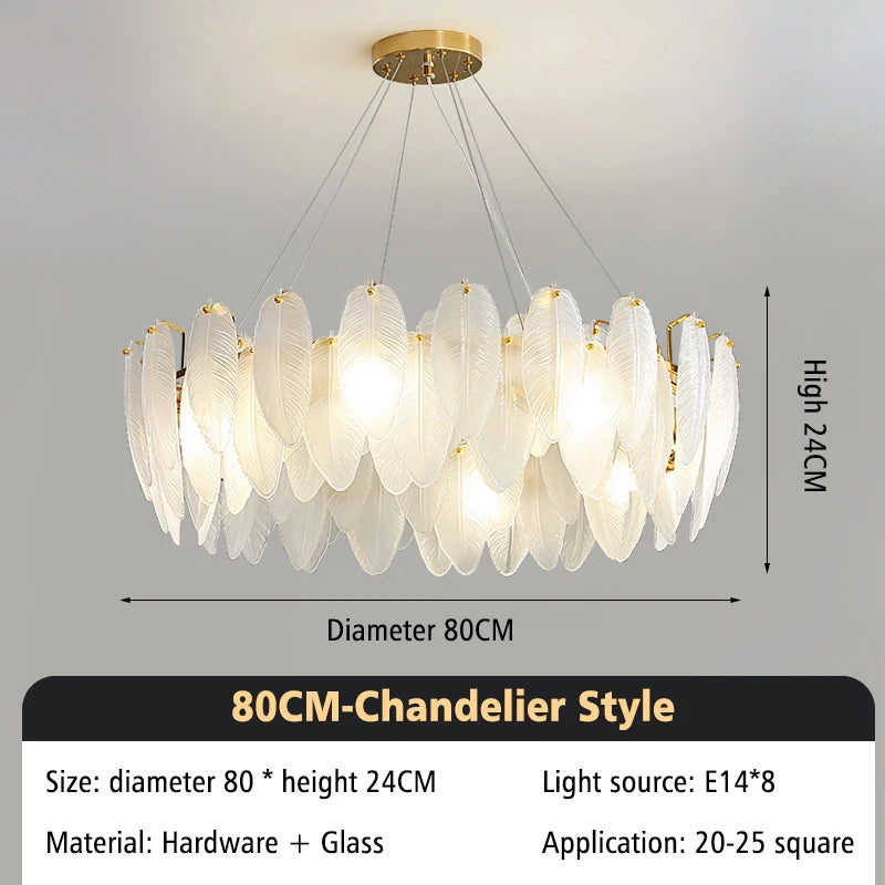 Modern Luxury Glass Feather Chandelier Lighting Lustre Suspension Luminaire Lamp for Living Dining Bedroom Kitchen Home Decor