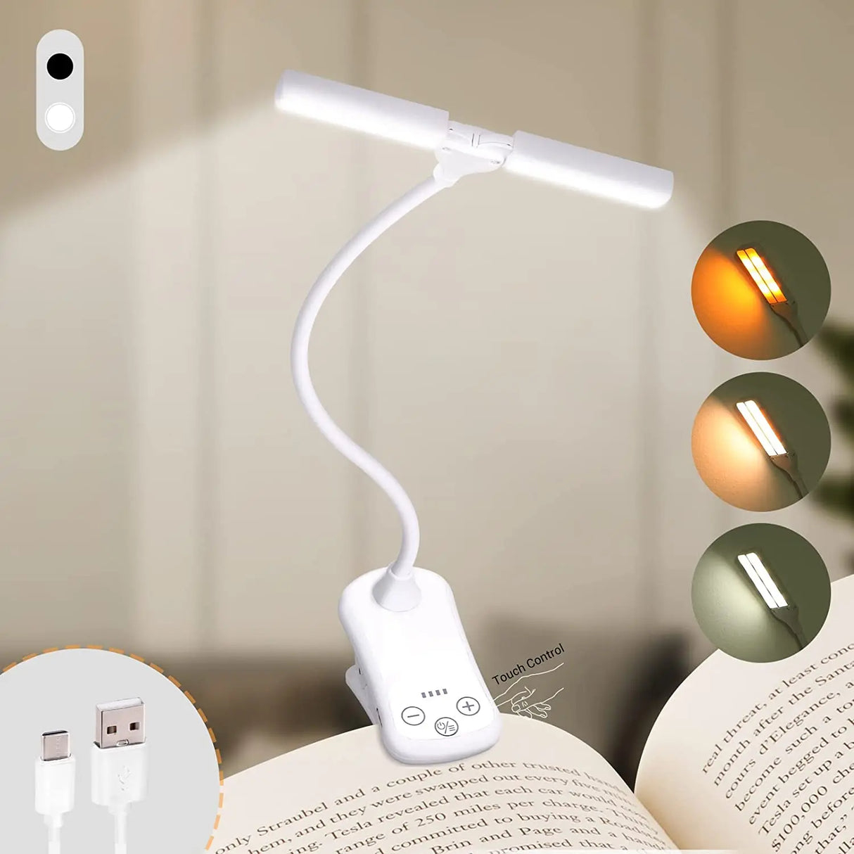LED Clip On Book Light 3 Colors 8 Brightness USB Rechargeable Night Light Portable Reading Light Book Lamp Mini Desk Lamp