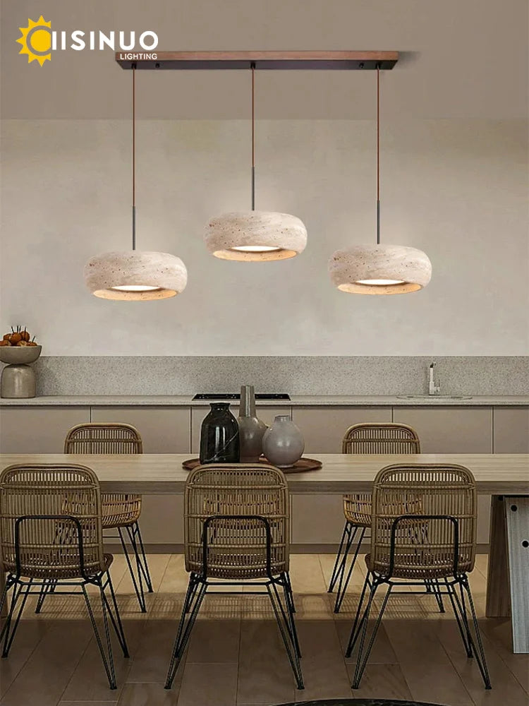 Wabi-Sabi Travertine Pendant Lamp - Natural Stone Round LED Chandelier