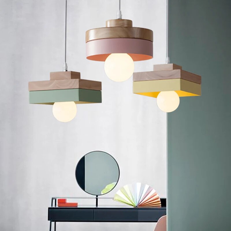 Nordic LED Wooden Pendant Light Iron 18CM Square Living Room Hanging Fixture For Bedroom Dining Room Study Home Decor Luminaires