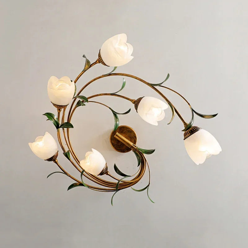 Romantic American Retro Countryside Flower LED Ceiling Light Nordic Designer Wrought Iron Glass Living Room Decoration