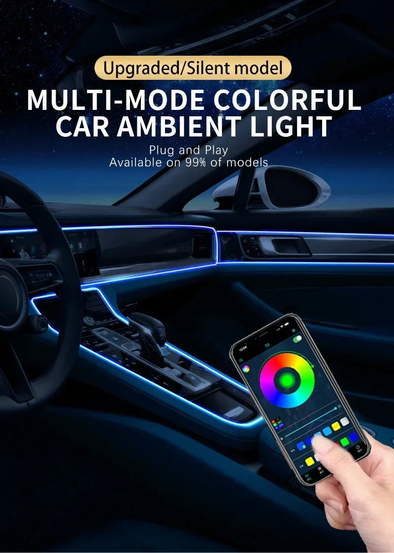 Car Interior RGB LED Atmosphere Light Strip USB Fiber Optic Neon Invisible Ambient Lamp Center Console Door Decoration Trim