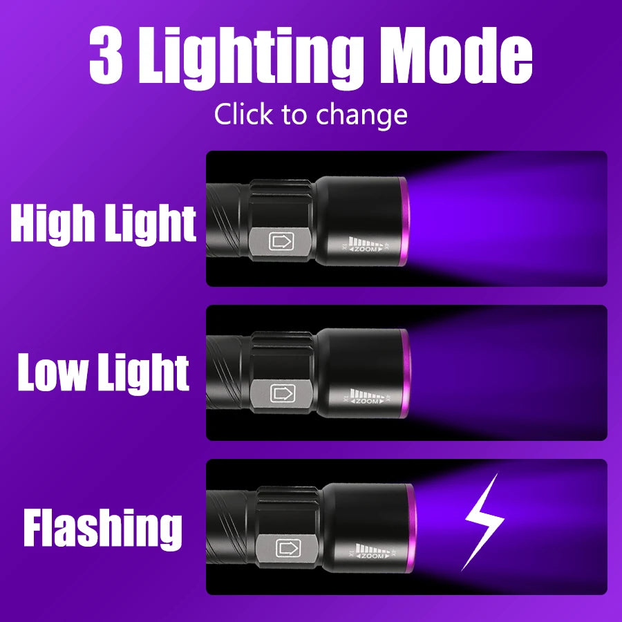 395NM UV Flashlight Rechargeable Ultraviolet Torch Pet Urine Scorpion Detector UV Lamp Anti-counterfeiting Bill Seal Detector