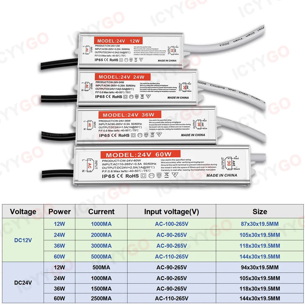12W 24W 36W 60W IP68 Waterproof Power Supply Transformer For Outdoor Lighting, AC90-265V to 12V/24V Waterproof LED Driver