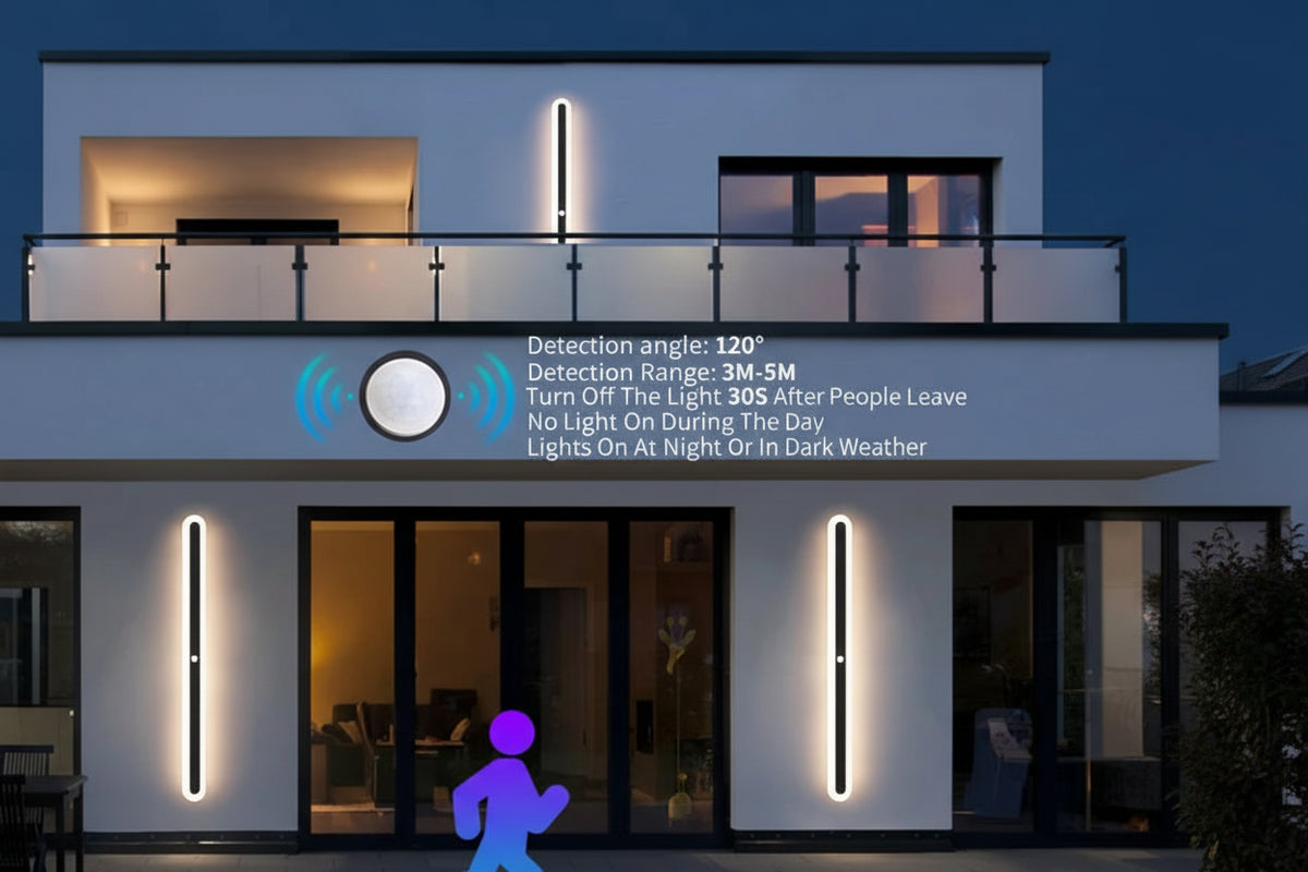 Outdoor Motion Sensor LED Long Wall Light (IP65 Waterproof, 90V-240V) - Modern Black Exterior Porch & Sconce Lamp Fixture for Villa, Garage & Garden