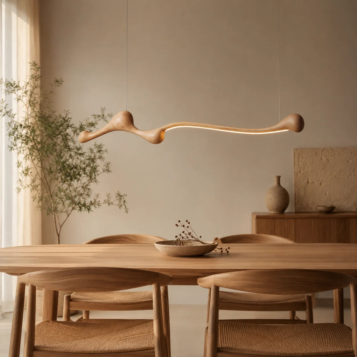 Linear Solid Wood Pendant Light with a Gentle Curve Dimmable LED Chandelier in 3 Wood Colors for Kitchen Island Dining Room