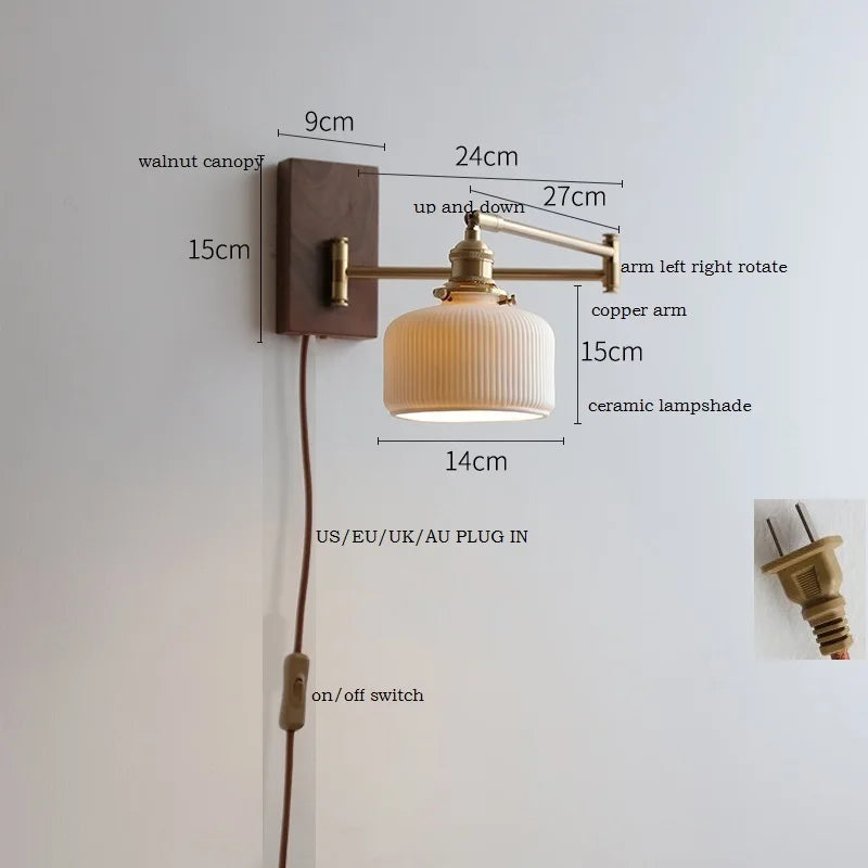 IWHD Pull Chain Switch LED Wall Lamp Beside Bedroom Living Room Light Arm Left Right rotate Wood Canopy Applique Murals Sconce