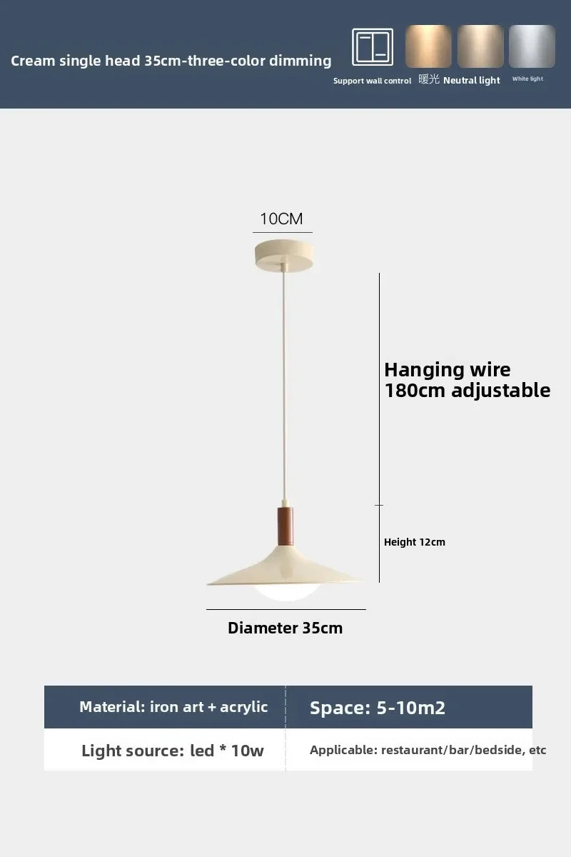 French Cream Style Pendant Light, Walnut Finish UFO Chandelier, Minimalist Retro Lamp for Dining Room, Bedroom, Cafe Bar Decor