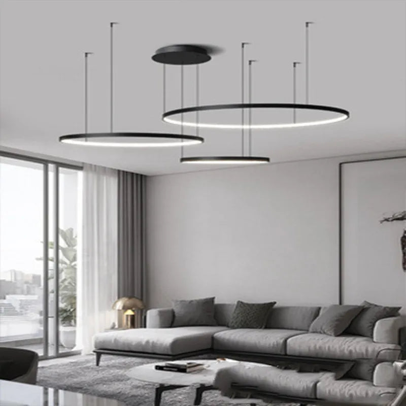 Modern Annular LED Pendant Lights for Living Dining Room Food Tables Kitchen Hall Black Chandelier Home Decor Light Fixture