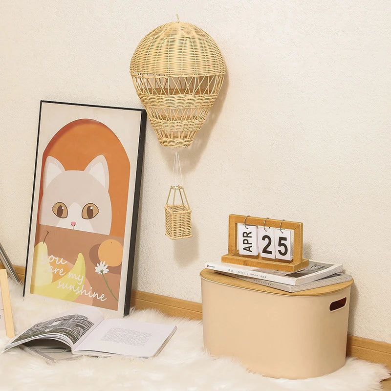 Handmade Rattan Hot Air Balloon Chandelier - LED Nursery Light for Baby Room