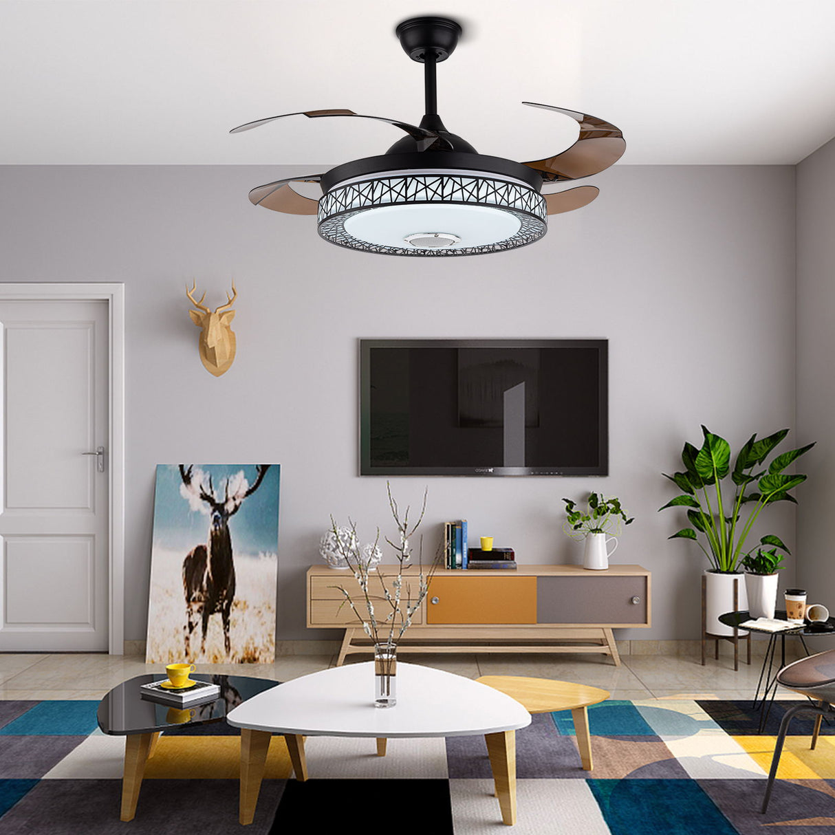 Bluetooth Invisible Ceiling Fan Light LED 3-Color Music Player Chandelier