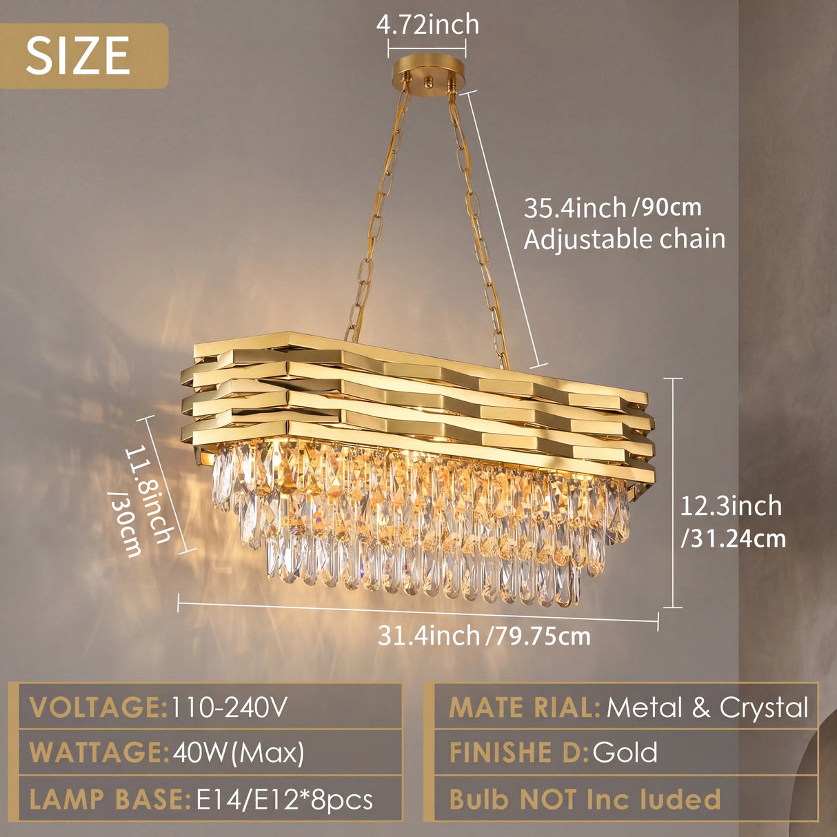 Modern Luxury Gold Crystal Chandelier K9, 8-Light Adjustable Chain Rectangular Ceiling Light Fixture for Dining Room/Living Room