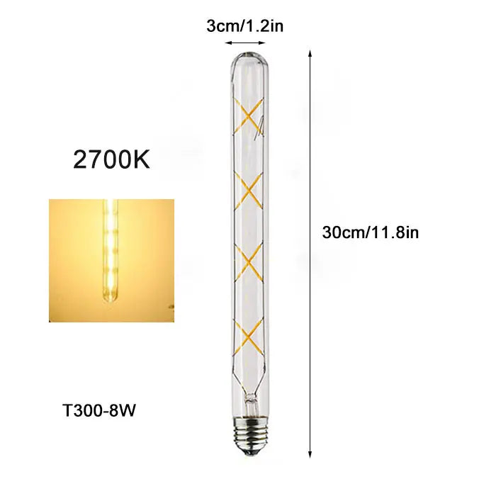 Vintage Tubular LED Filament Light Bulb - T10 T30 Long Tube 4W 6W 8W Edison Lamp