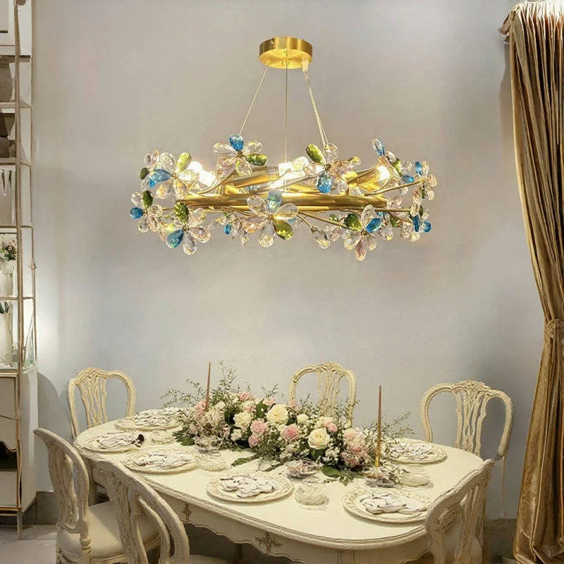 French Colored Crystal Flower Pendant Light Living Room Dining Room Bedroom Daughter's Room Low Floor Light Ceiling Chandelier