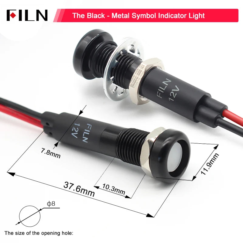 8mm LED Symbol Indicator Light - 12V 24V Black Metal Dash Pilot Lamp
