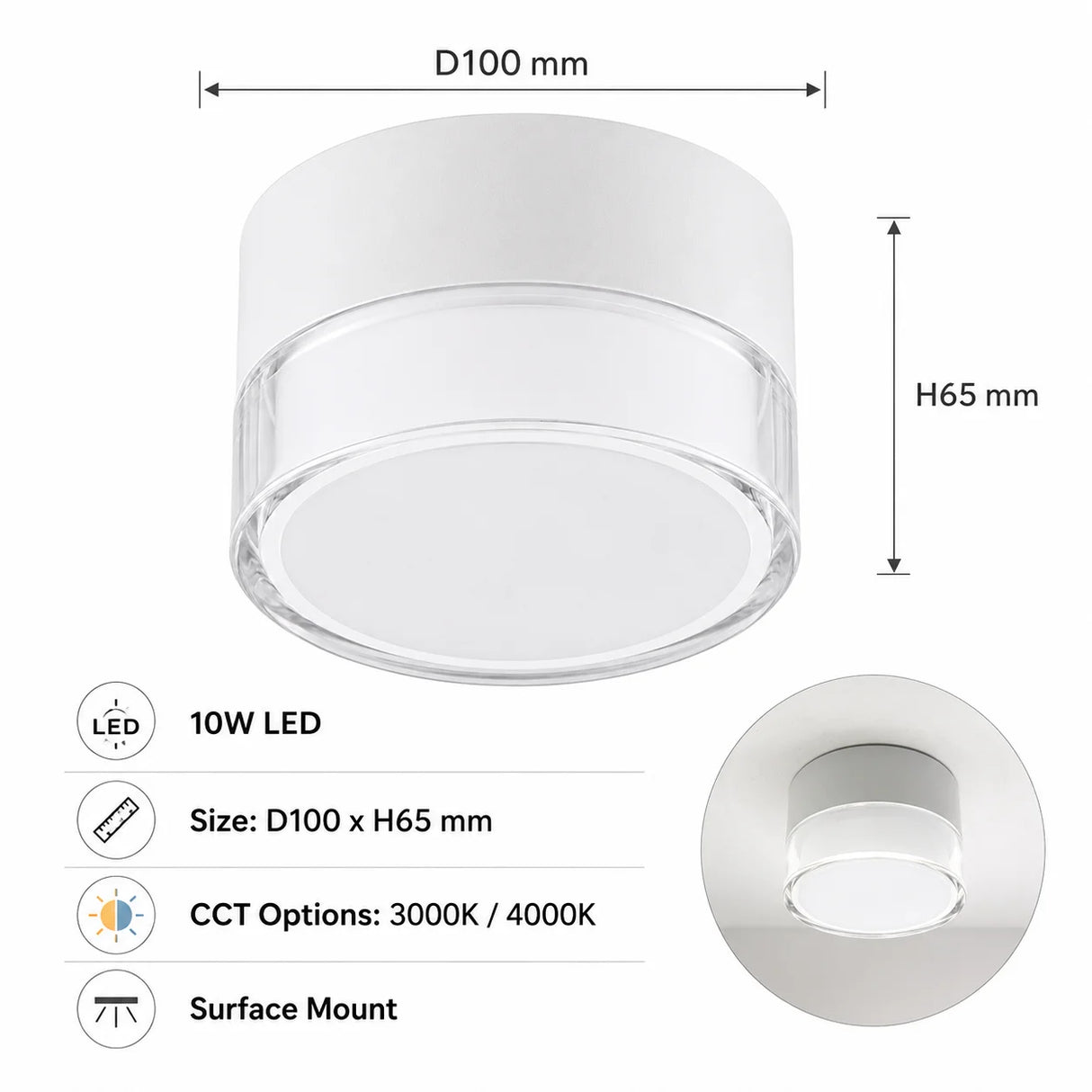 7W Circular Spot Light, 3000K 4000K Optional, LED Downlight Surface Mounted Nordic Ceiling Light Living Room Lighting