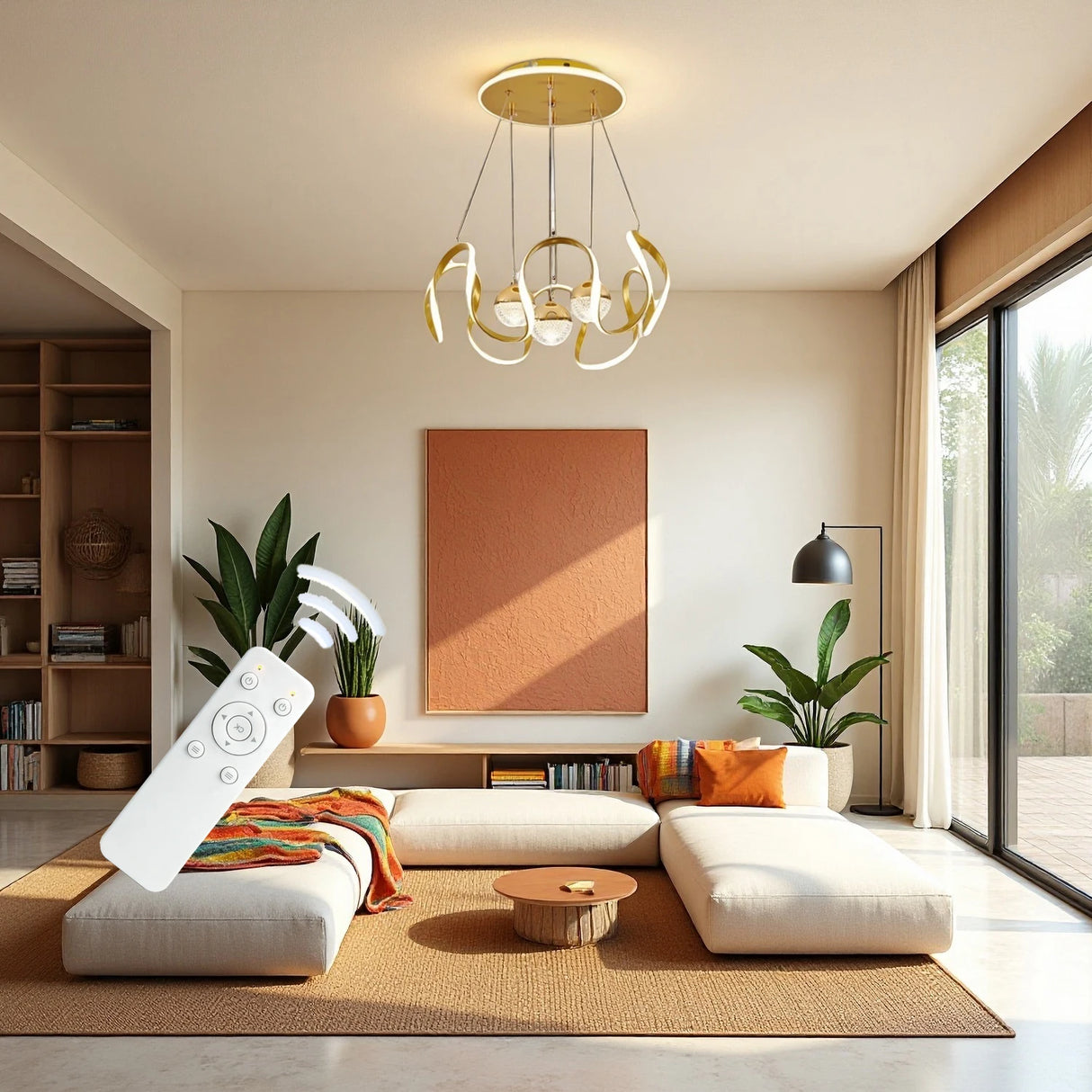 Modern LED Pendant Light with a Wavy Light Ring, Remote Control, Three Adjustable Light Colors, and Adjustable Height; Suitable for Bedrooms, Living Rooms, Above Dining Tables, and Living Rooms