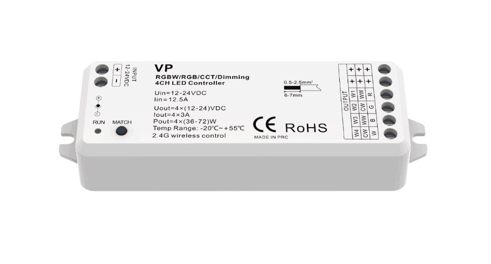 RGBW/RGB/CCT/Dimming 4 Channel RGBW LED RF Controller 12V-24V DC Constant Voltage 4 in 1 2.4G RF Wireless Receiver RT9 Remote