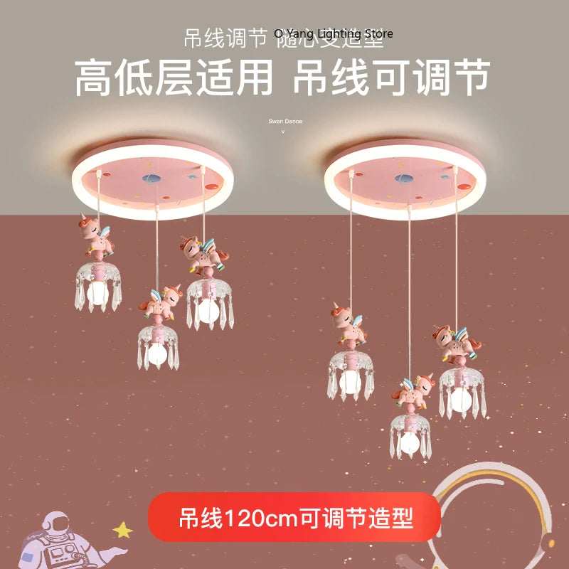 Princess Room Pendant Light Creative Pink Cartoon Unicorn LED Eye Protection Headboard Simple Bedroom Children's Room Light