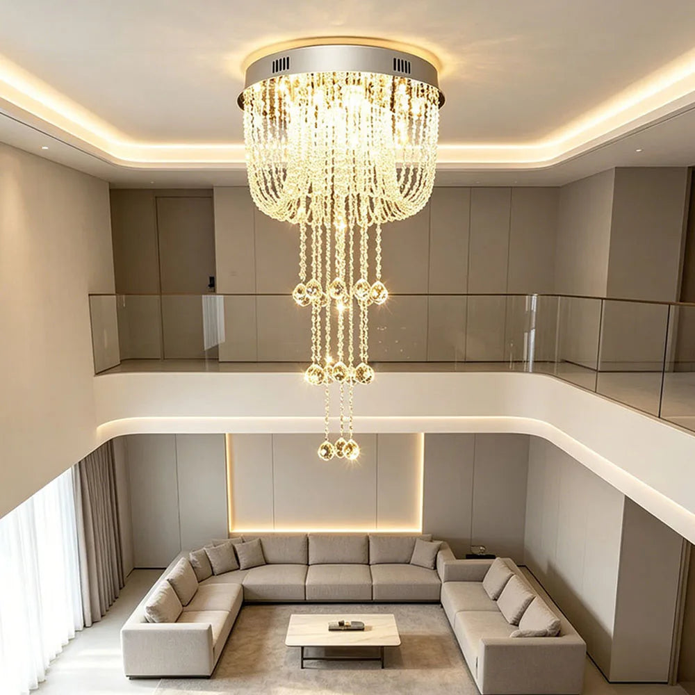 Luxury Raindrop Crystal Flush Mount Chandelier Long Vertical Design LED Ceiling Light For Duplex House Stairwell Entrance Hall