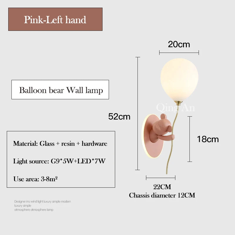 Pink Balloon Bear Wall Lamps Cute Children's Room Lamp Modern Warm Princess Room Nursery Girl Boy Bedroom Bedside Wall Lights