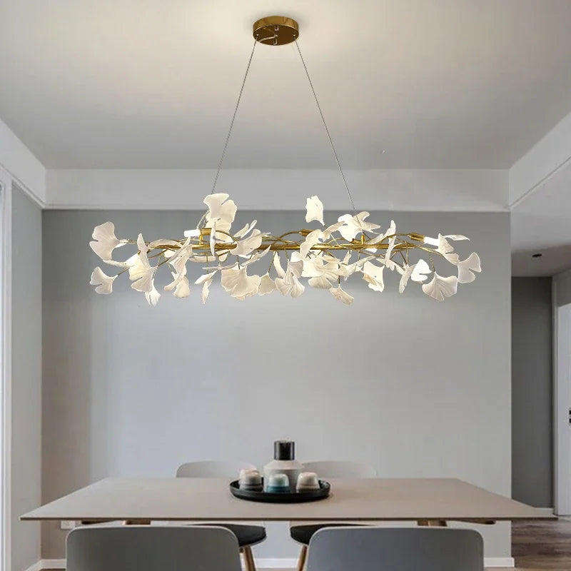 Nordic Ginkgo Leaf LED Chandelier - Modern Round Interior Hanging Light