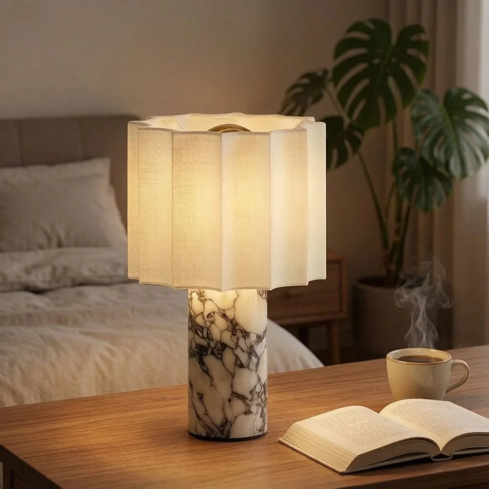 Marble Touch Table Lamp USB Rechargeable Cordless Bedroom Bedside Small Glow Night Light Stone Base and Linen Fabric Shades