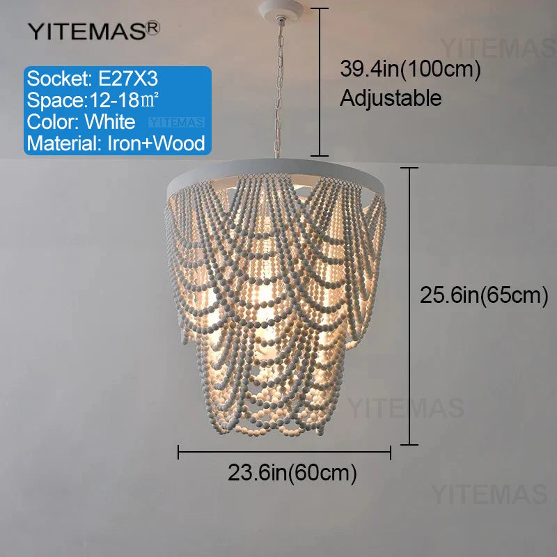 Vintage Black Pendant Chandelier Wood Beaded Antique Lighting Foyer Dining Nordic Chandelier Bedroom Pendant Kitchen Lamps