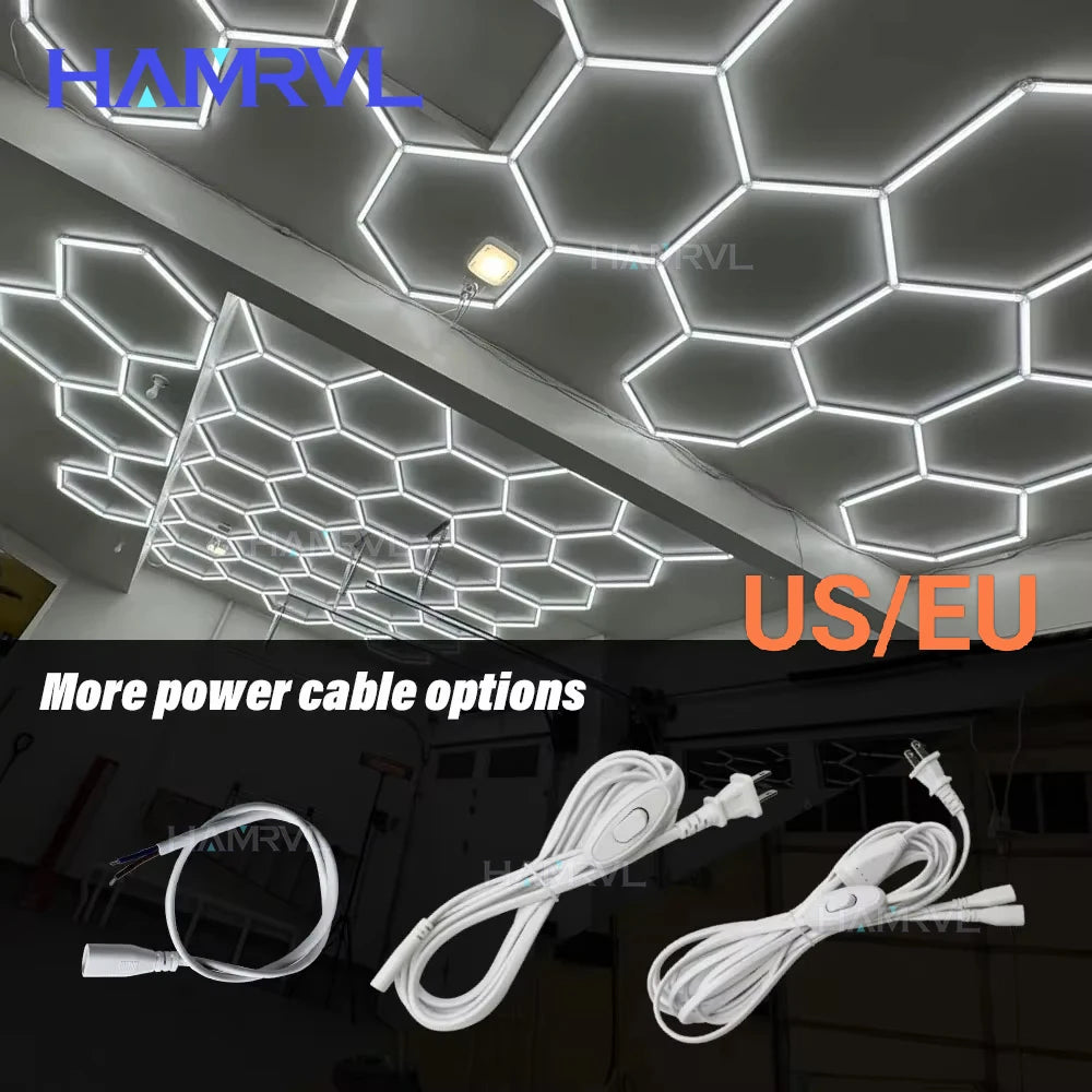 DIY Hexagon Garage LED Tube Accessories & Connector Set (110-240V) - Suspension Wire Cable Kit for Honeycomb Workshop & Barber Shop Lighting