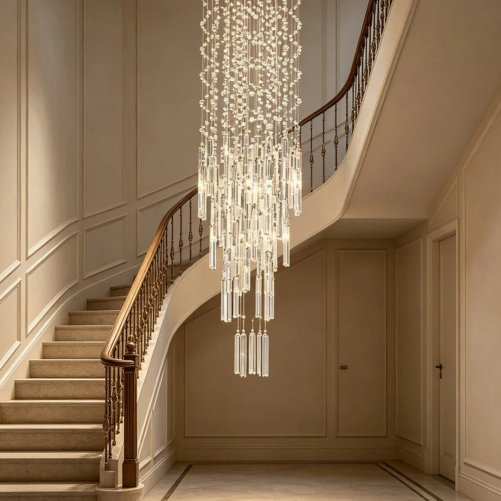 Modern Long Crystal Chandelier For High Ceiling Villa Staircase LED Raindrop Hanging Light Duplex Loft Foyer Ceiling Lamp