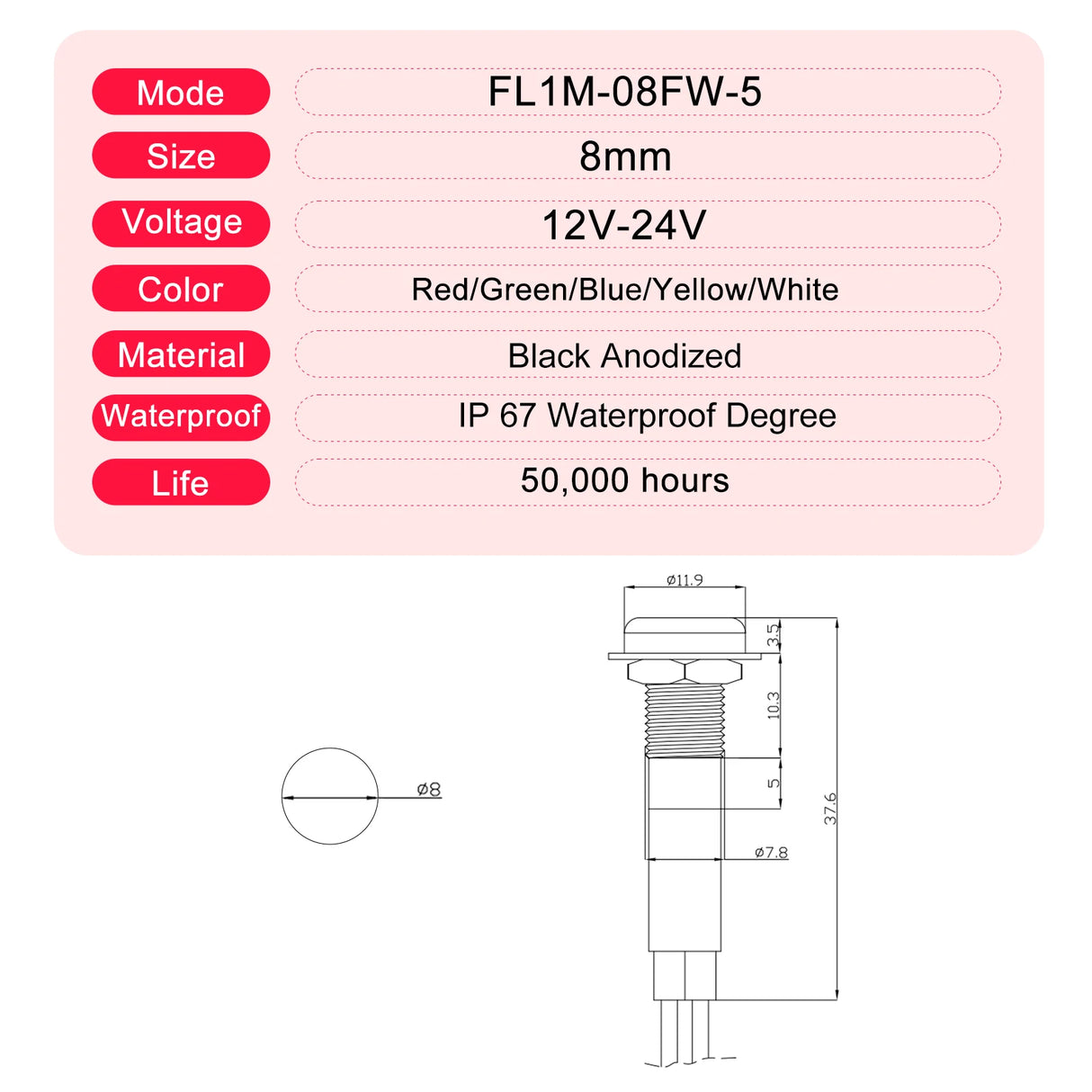 8mm LED Symbol Indicator Light - 12V 24V Black Metal Dash Pilot Lamp