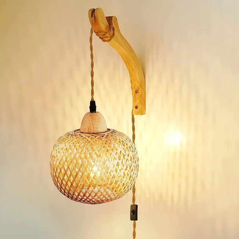 Bamboo Lantern Wall Lamp Natural Rattan Wicker E27 Chandeliers Hand-Woven Bamboo Room Decors Lampshades Wall Light Fixtures