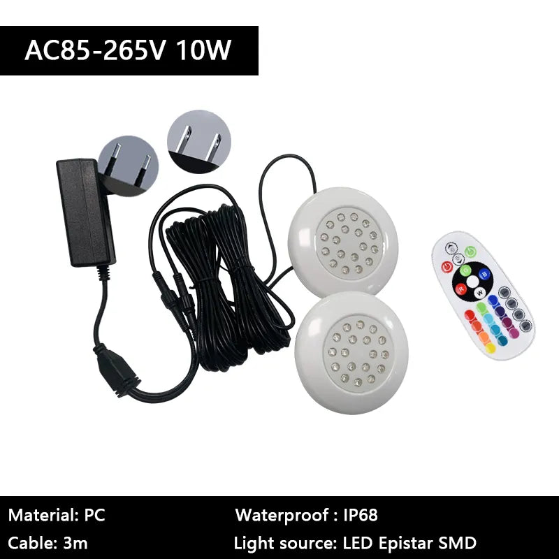 Pool Light with EU/US Plug IP68 Waterproof Small Size White Round 95mm 3/6/10W Underwater RGB Multicolor Swimming Bath Spa Lamp