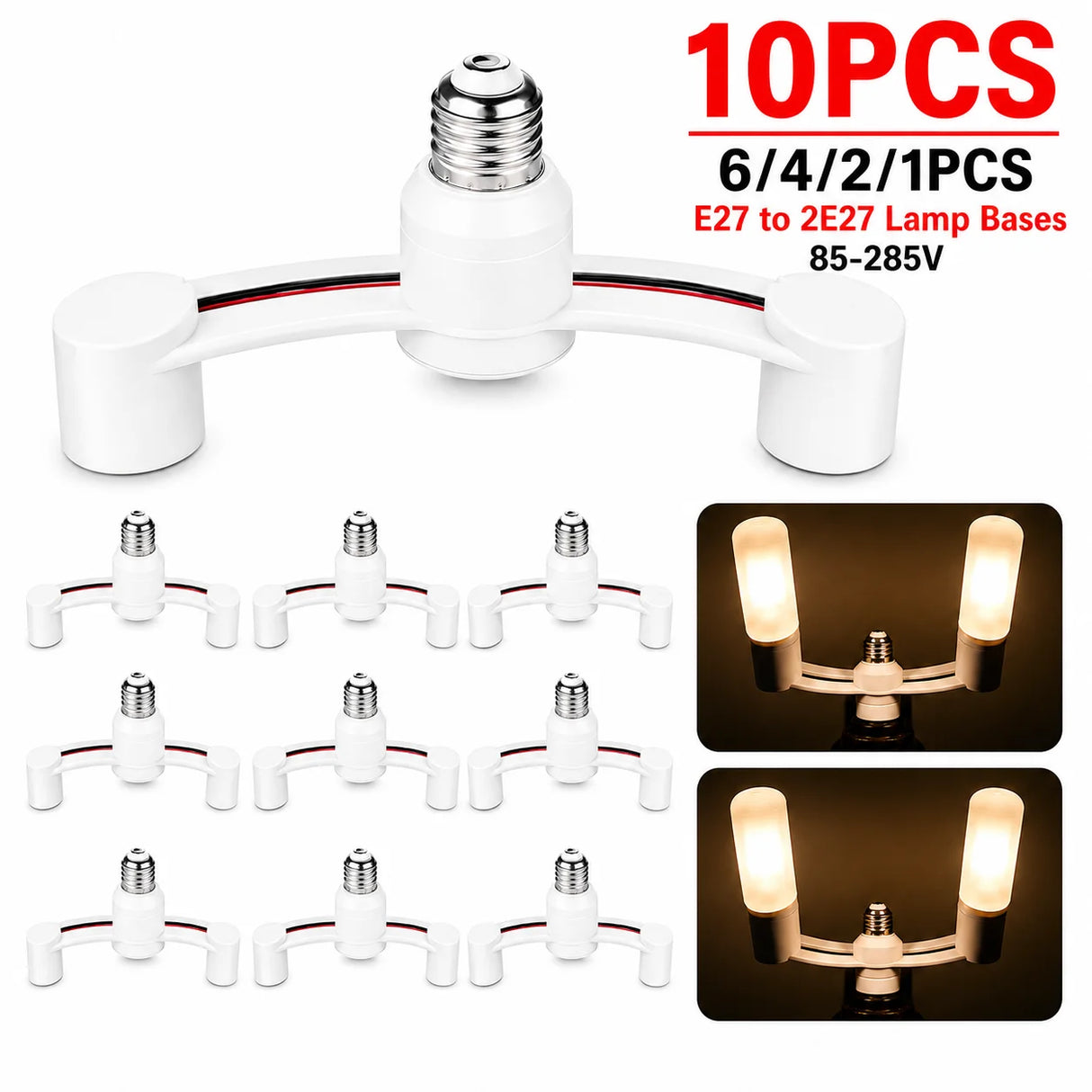 E27 Light Socket Splitter Adapter (2-in-1 Dual Head) - E27 Screw Lamp Base Extender & Converter Bulb Holder